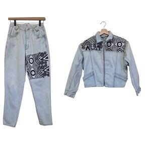 Vintage Pia Rucci Beaded Embroidered Light Wash Denim 2pc Set Bow Back Jeans
